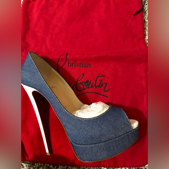 CHRISTIAN LOUBOUTIN LADY PEEP HEELS 150 DENIM JAZZ CALF BLB8 BLUE WHITE 38.5 - Picture 2 of 5